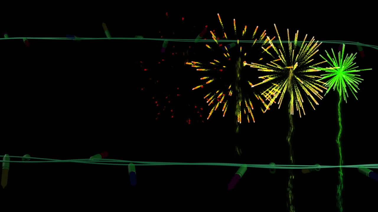 animación de luces navideñas y fuegos artificiales sobre fondo negro