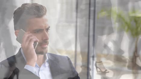 animation of stressed caucasian businessman having call over timelapse with walking people