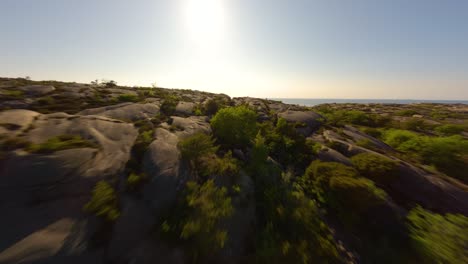 drone fpv volando bajo sobre las copas de los árboles y los acantilados en ramsvik, suecia