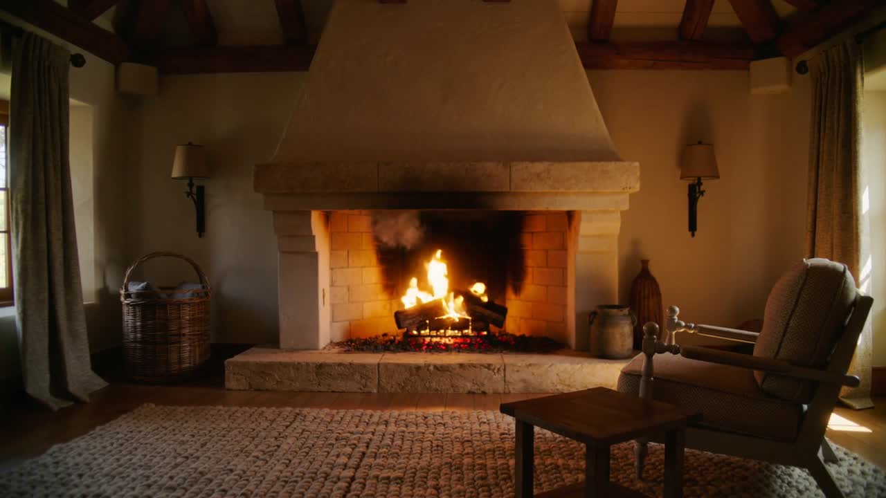 Flickering stone hearth burning logs warming cozy living room, sending smoke and darkening wall