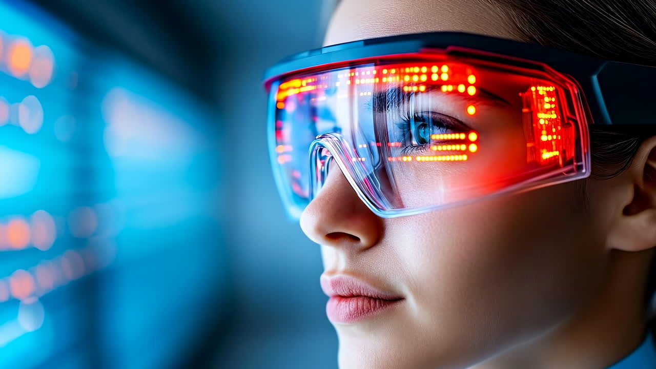Smart glasses improve vision. A person wearing smart glasses with bright lighting enjoys advanced technology in a modern setting