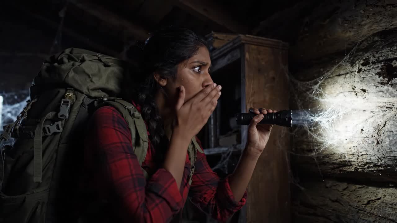 Scared Woman with Flashlight Explores Dusty Abandoned Cabin