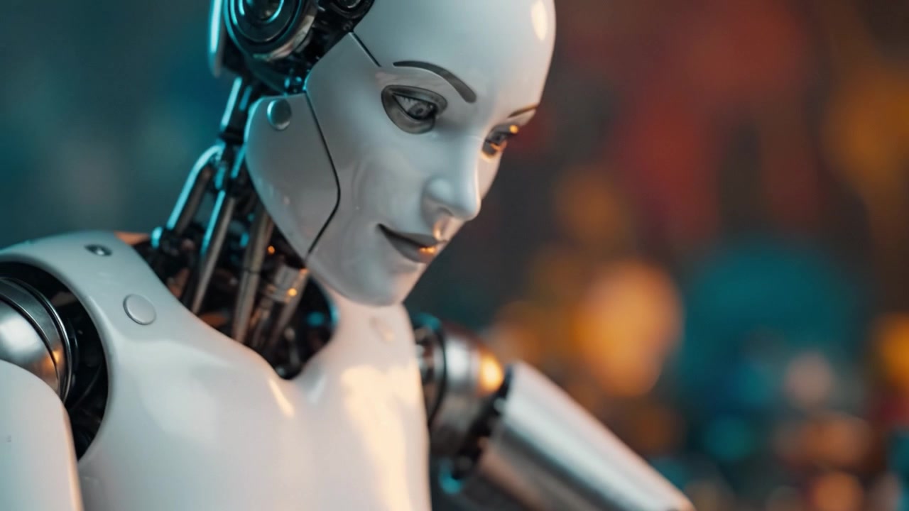 Una mano robotica disegna delicatamente su carta mentre un robot umanoide osserva, mostrando l'intersezione tra tecnologia e creatività in un ambiente artistico