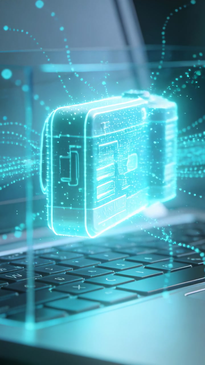 Vertical video: Activating hologram camera rotating over laptop keys, sending data to lit core