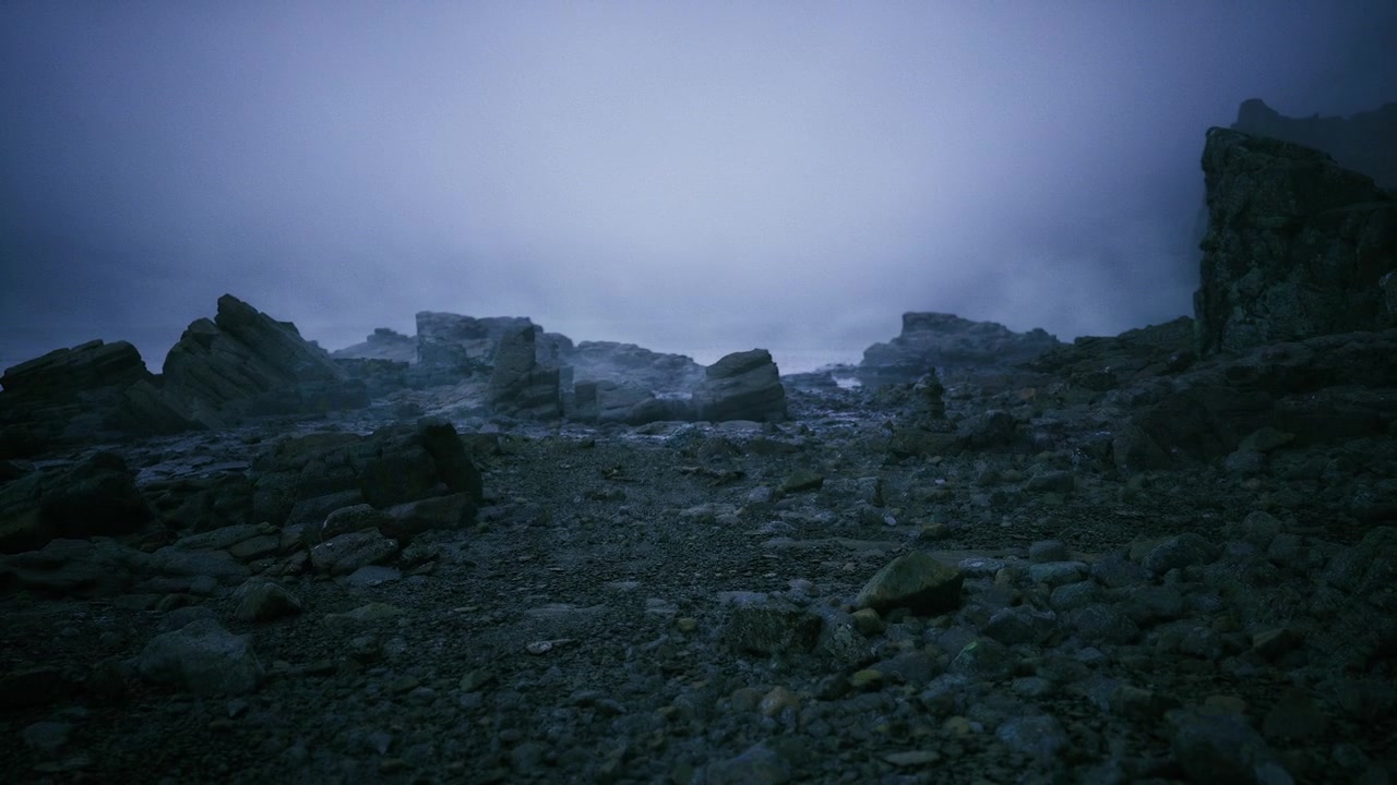 Misty pebble beach suitable for ecological photography and studies