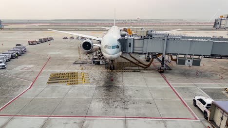 avión en la puerta del aeropuerto con tripulación de tierra