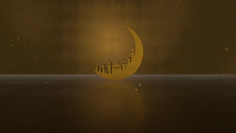 3d rendering,  animation of ramadan kareem with golden moon mosque spin on light shadow  gold color and particle background.