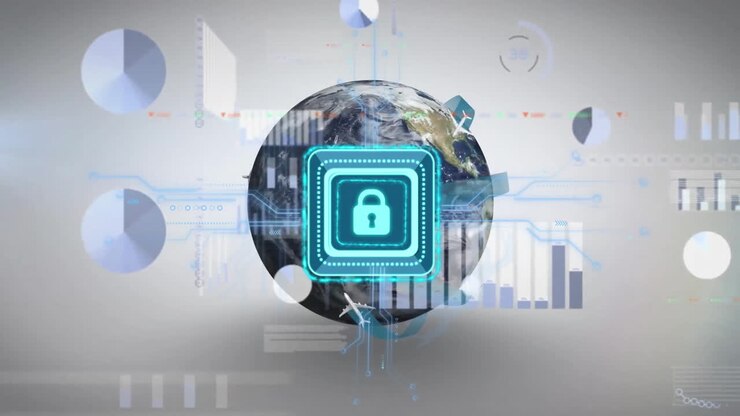 Animation of digital padlock, globe over data processing