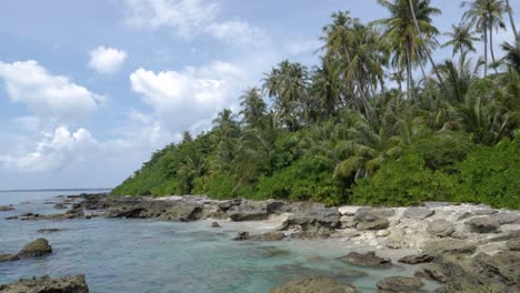 Toma-En-Cámara-Ultra-Lenta-De-La-Costa-Rocosa-Con-Palmeras-Y-Agua-Azul-Clara-En-La-Isla-De-Asu,-Norte-De-Sumatra,-Indonesia---Cámara-Panorámica-A-La-Derecha