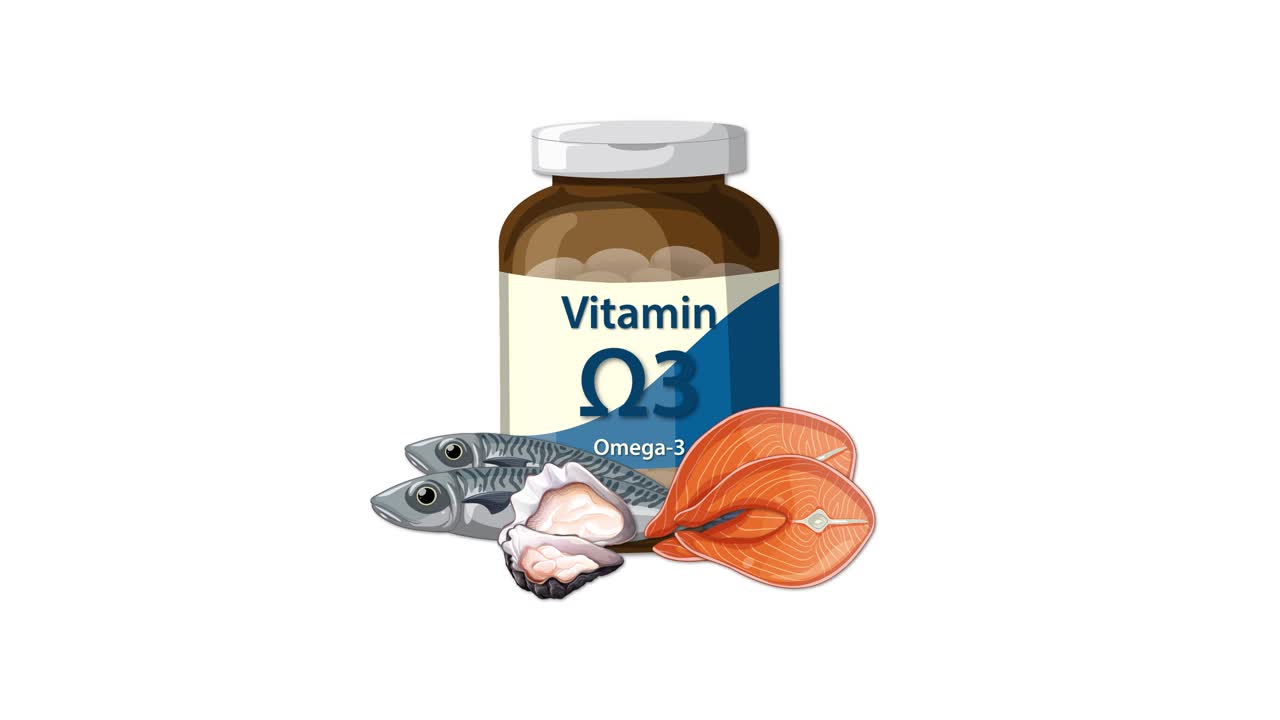 Omega-3 supplement bottle animates with fish, shellfish, and shrimp on a clean white background