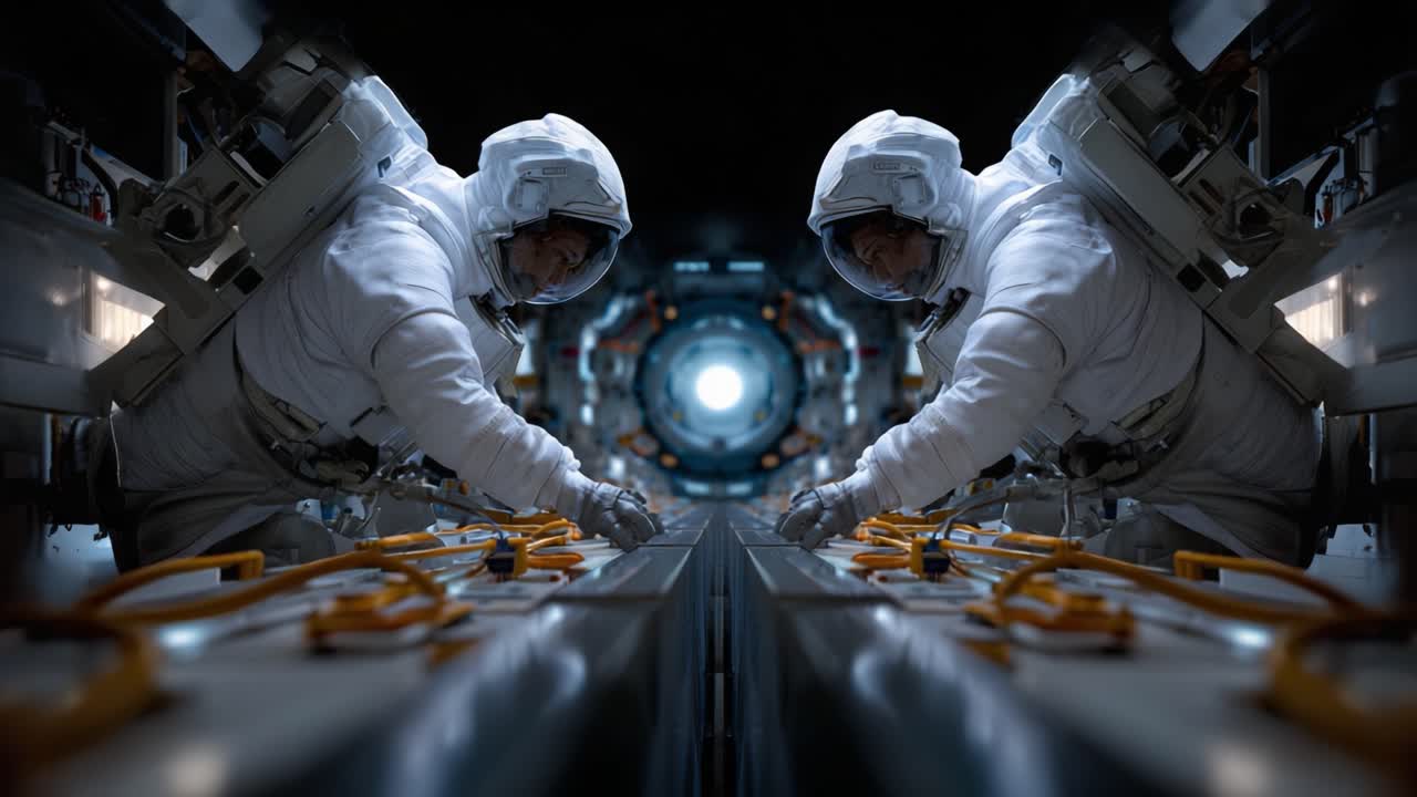 Astronauts Working Together in a High-Tech Environment, Focused on Tasks, Surrounded by Advanced Equipment and a Central Illuminated Structure in the Background