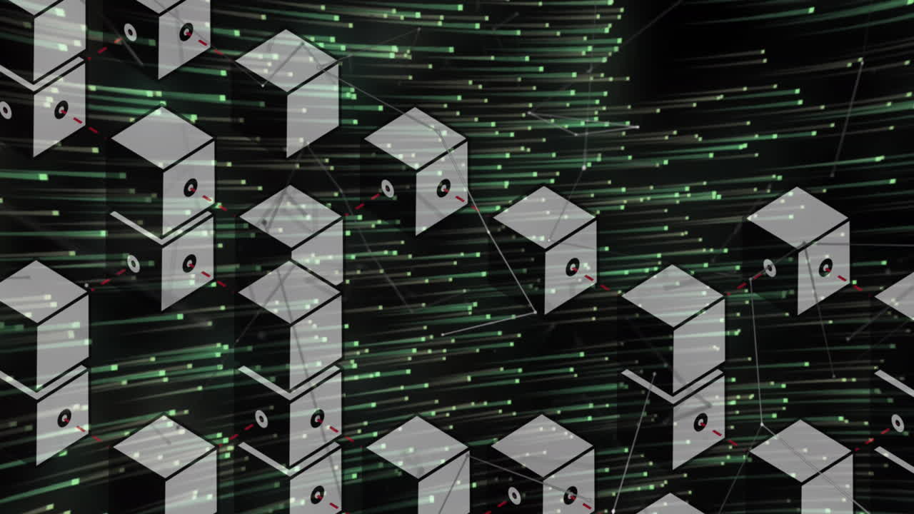 Animation of network of connections with cubes over light trails on black background