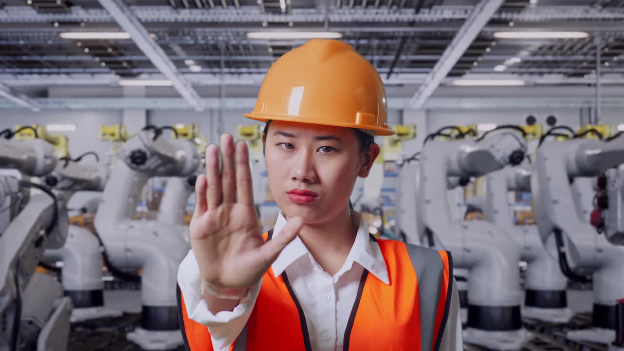 공장 노동자가 로을 멈추고 있다