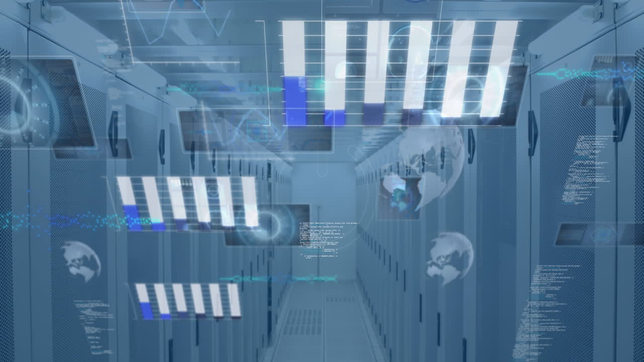 네온 라운드 스캐너의 애니메이션과 컴퓨터 서버 방에 대한 통계 데이터 처리