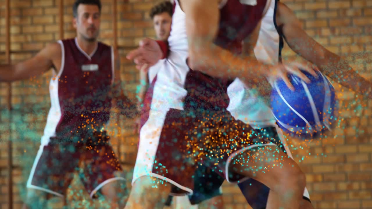 Attacker dribbling basketball with particle effect, pivoting, evading defender, preparing jump shot