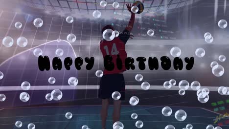 Animation-Von-Texten-Und-Blasen-Zum-Geburtstag-über-Einem-Kaukasischen-Volleyballspieler-Und-Einem-Sportstadion