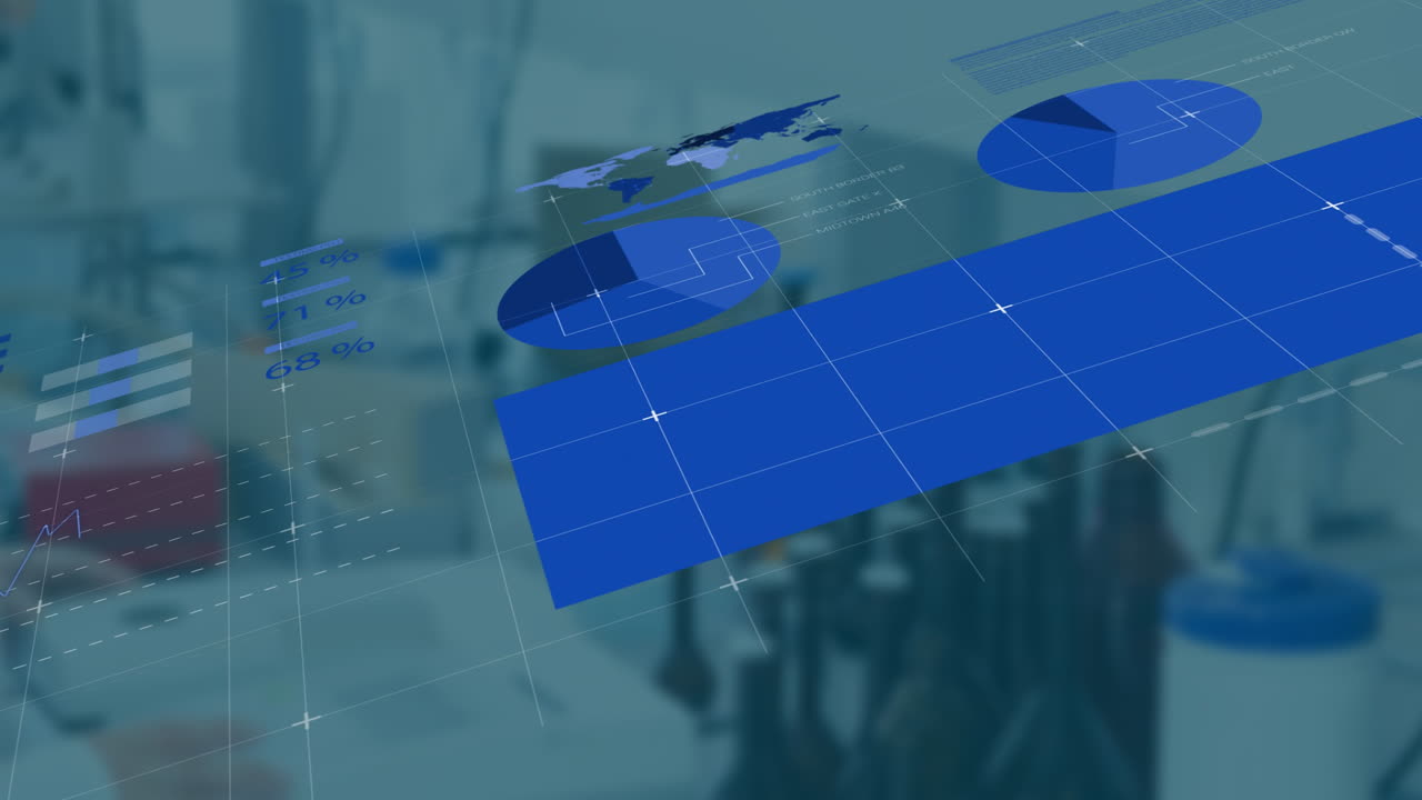 Animating blue graphs and charts over blurred office background, focusing on data