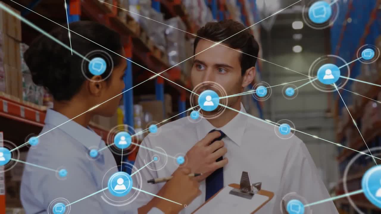 창고에서 토론하는 다양한 남녀 감독자들에 대한 아이콘 네트워크의 애니메이션