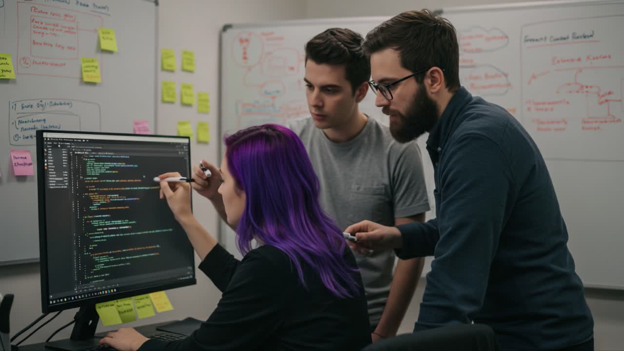 Collaborative Coding Session: Team Members Engage in Problem-Solving Around Computer Screen with Colorful Post-it Notes in Background
