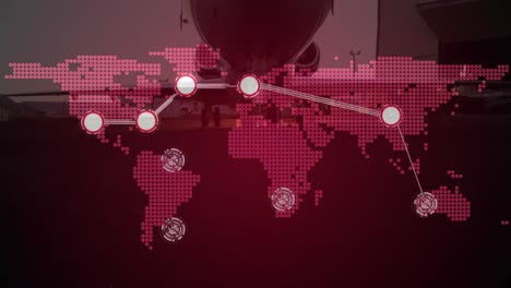 animación de la red de conexiones sobre el mapa del mundo, avión