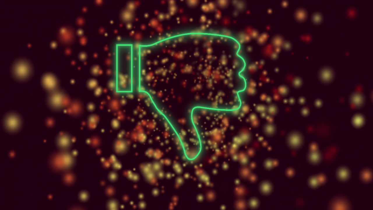 Glowing neon thumbs down animation over vibrant bokeh light background