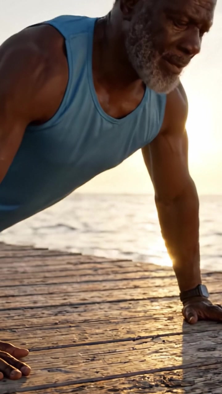 A determined man performs push-ups on a scenic wooden dock by the water, capturing the essence of strength, perseverance, and morning vitality against a stunning sunrise backdrop.