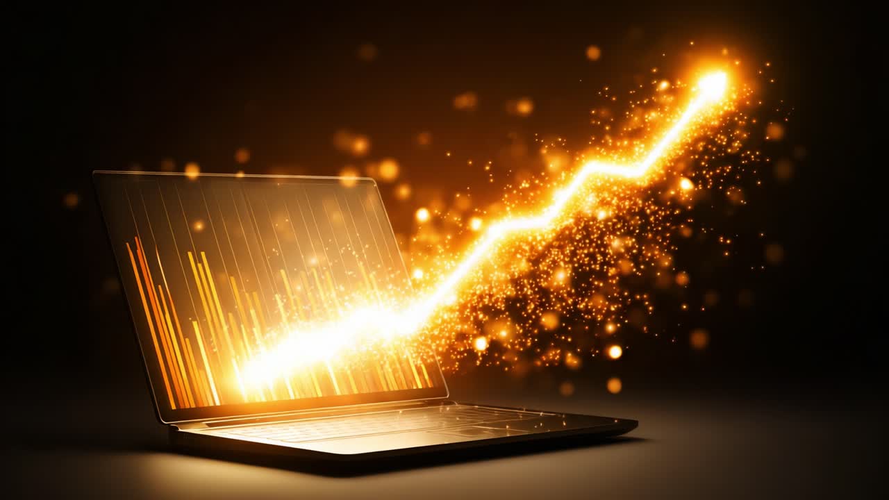 Crescimento financeiro dinâmico visualizado na tela de um laptop com um vislumbre de brilhos dourados radiantes representando o aumento das métricas e as tendências de crescimento na análise de dados