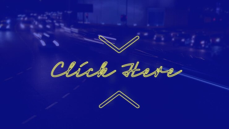 Animation of click here text over cityscape at night on blue background
