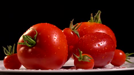 tomates y mozzarella en una hoja de lechuga giratoria, bucle
