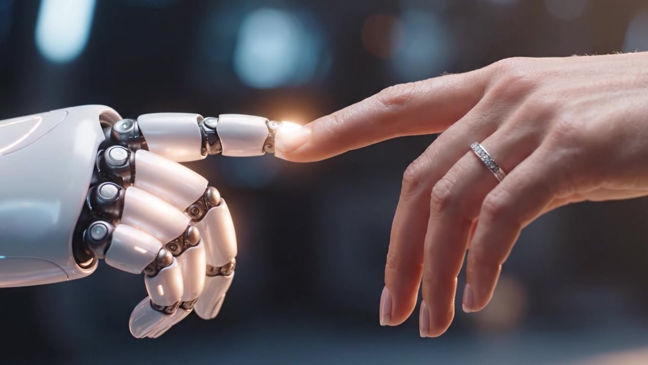 Un momento di connessione: la mano umana che si protende per toccare il dito di un robot, simboleggiando l'intersezione tra umanità e tecnologia