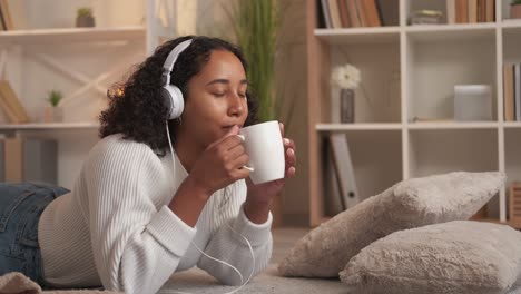 cozy relax morning coffee woman resting floor home