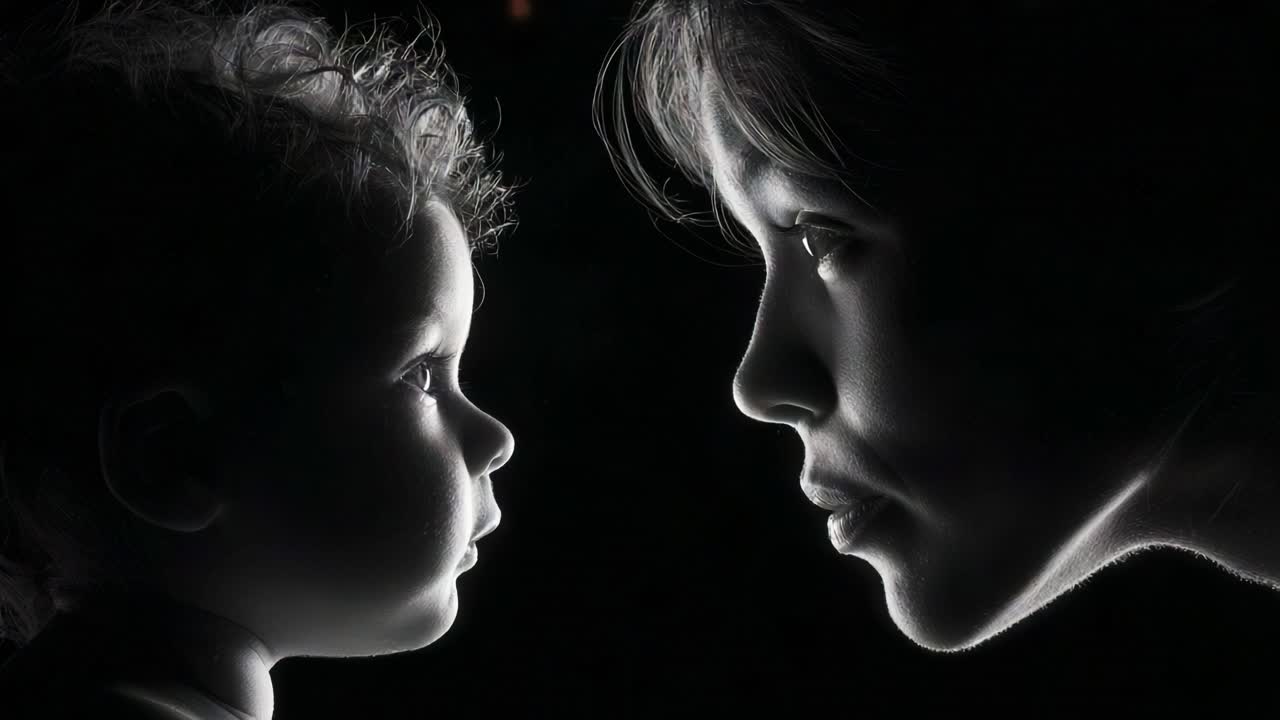 A Captivating Moment: A Side-by-Side Contrast Between the Innocent Curiosity of a Young Child and the Joyful Expression of an Adult in an Engaging Silhouette Composition