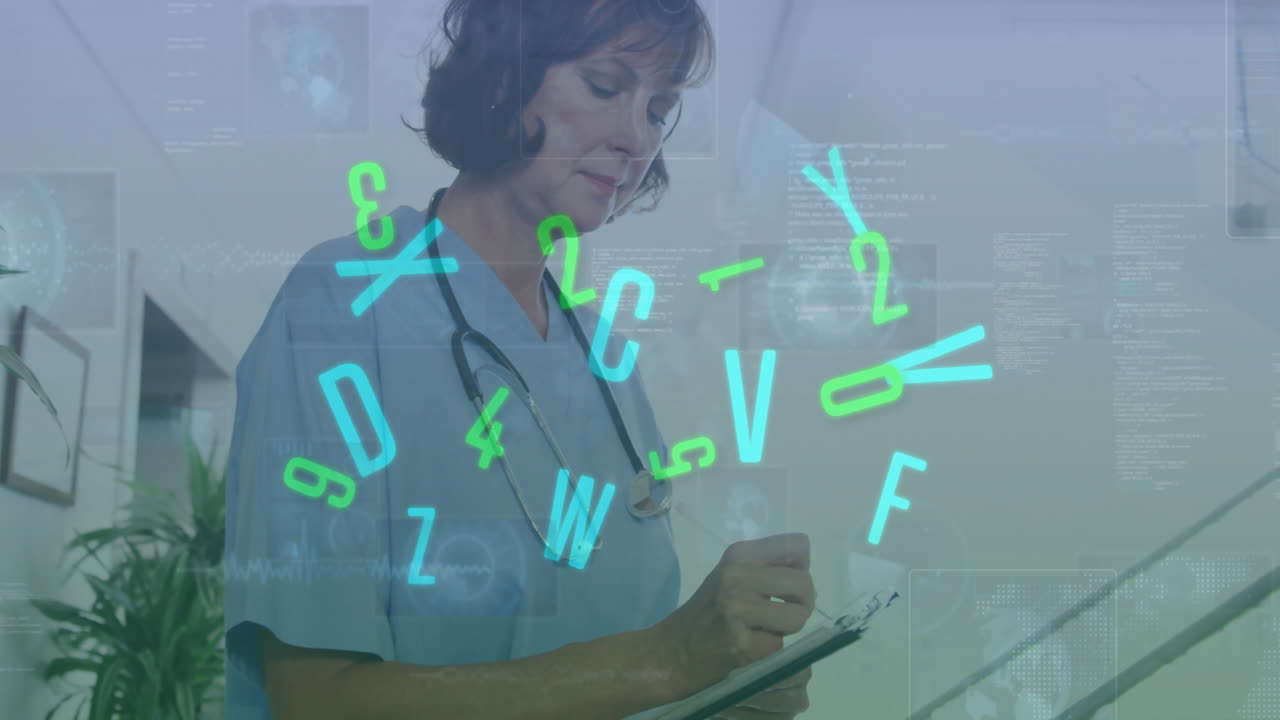Animation of financial data processing over caucasian female doctor