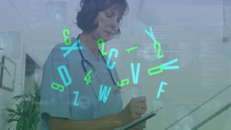 animación del procesamiento de datos financieros sobre una doctora caucásica