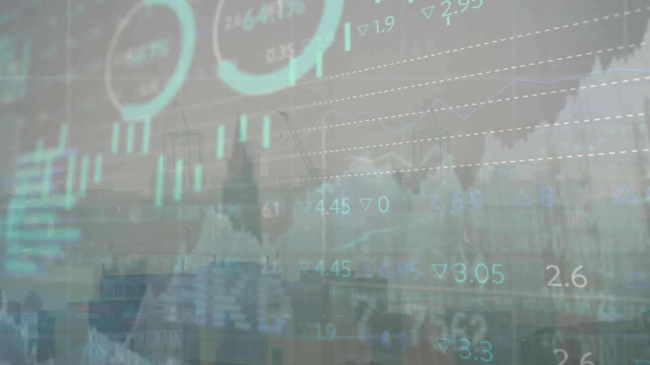 Animation of financial data processing over cityscape