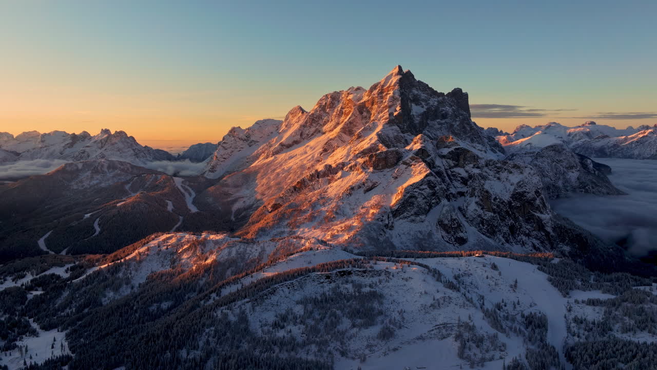 Aerial drone view of the Mountain Pelmo in the Dolomites, Italy at sunrise