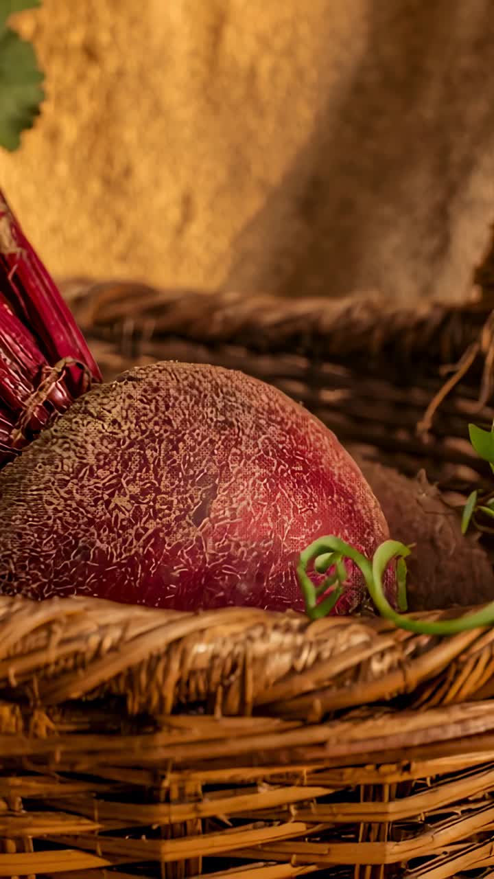 Vertical video: Camera holding close-up on woven basket with red beet and green sprout on tabletop