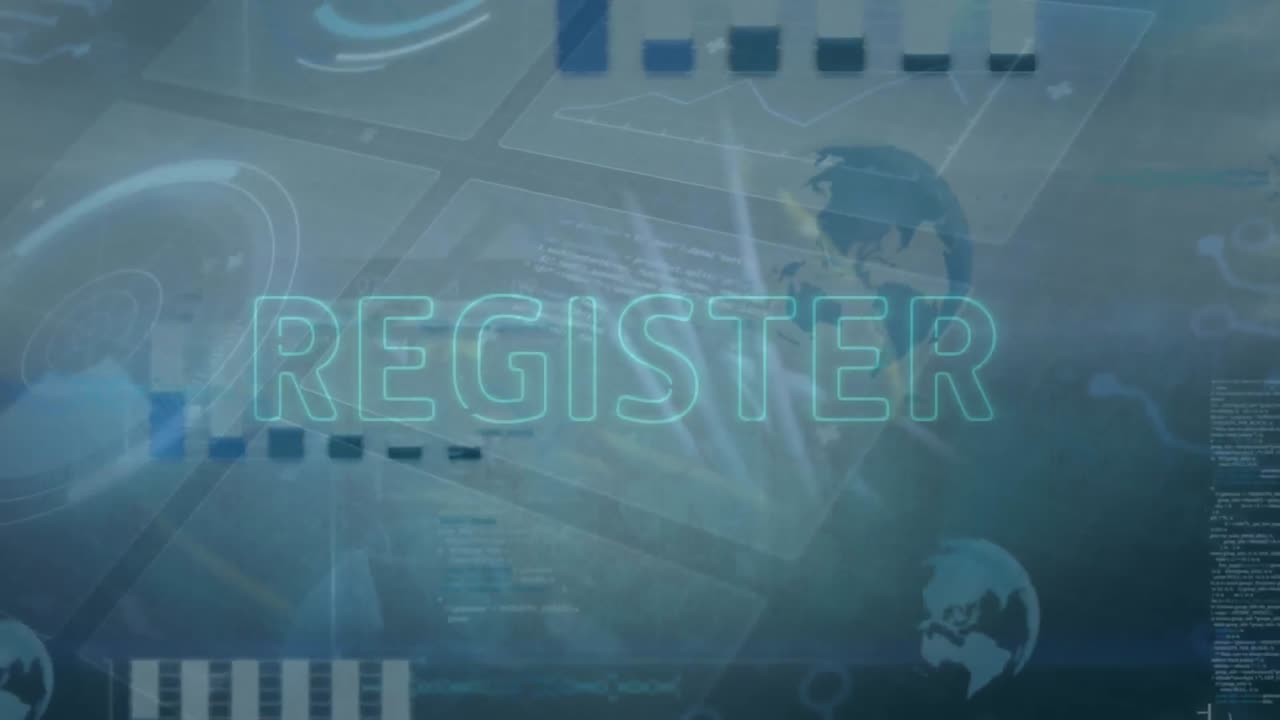 Animation of register text over radar, graphs, globes, computer language against abstract background