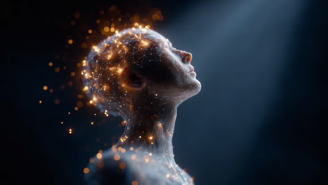 A Glowing Silhouette: An Artistic Representation of the Connection Between Humanity and Technology Through a Luminous Mesh of Lights and Patterns