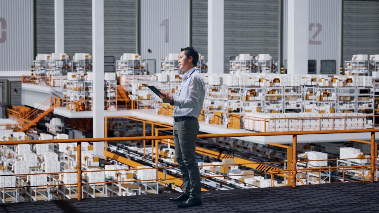 vista lateral de todo el cuerpo hombre de negocios asiático usando una tableta mirando alrededor en el almacén