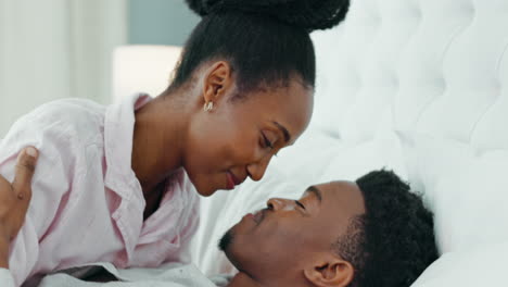 Black-couple,-nose-or-love-bond-in-bedroom