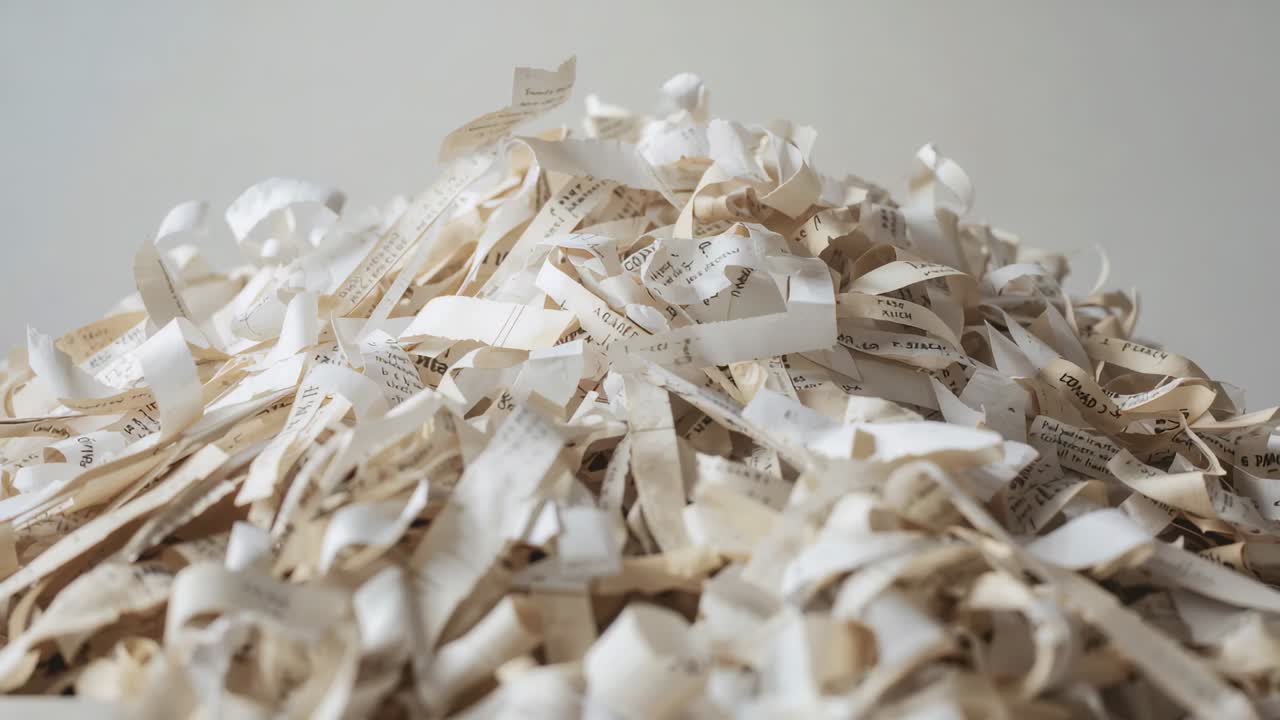 Refocusing camera revealing shredded paper mound shifting on table by wall, text showing layers