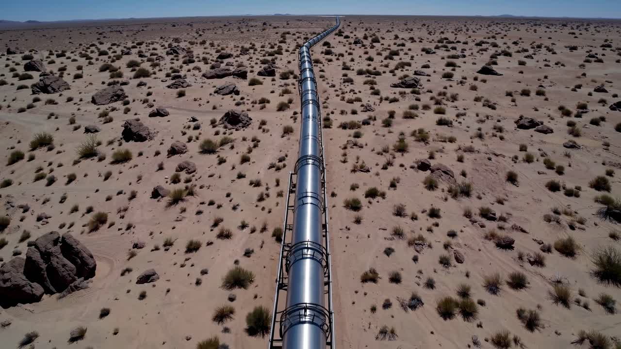 Vista aérea de un largo oleoducto que se extiende a lo largo de un vasto paisaje desértico.