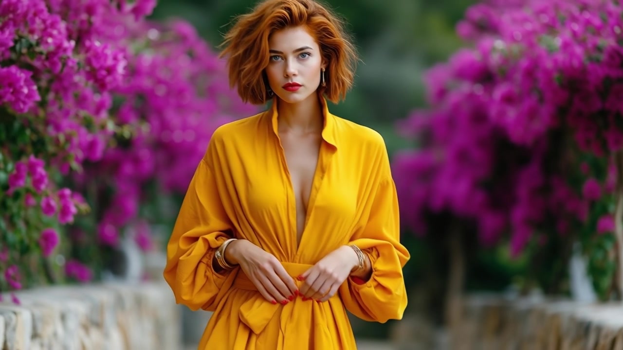 Una donna alla moda in un vestito giallo in piedi in un giardino lussureggiante con fiori rosa in fiore.