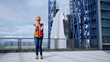 ingeniero preocupado en la plataforma de lanzamiento de cohetes