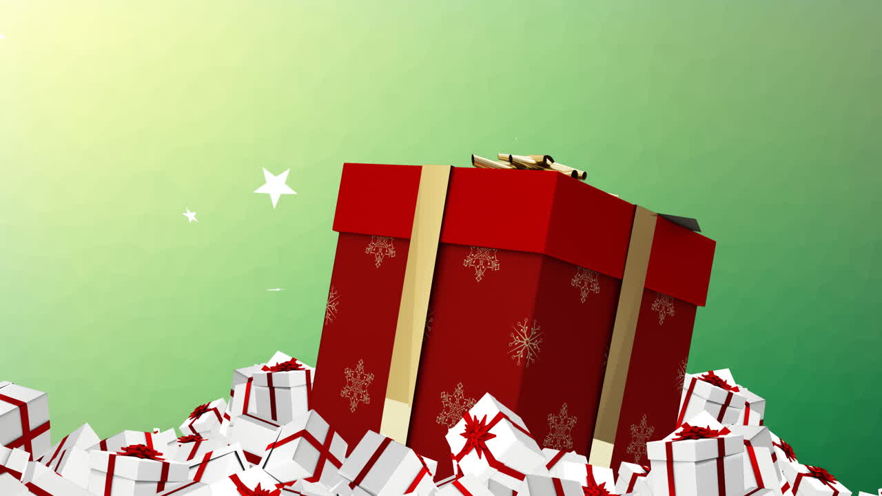 Large red gift box with snowflakes over animation of smaller gift boxes and stars