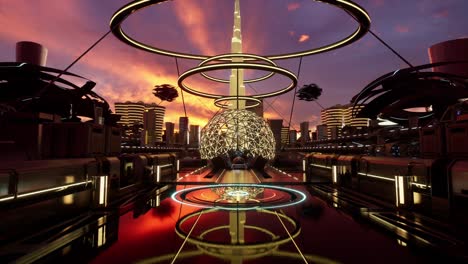 ciudad futurista al atardecer