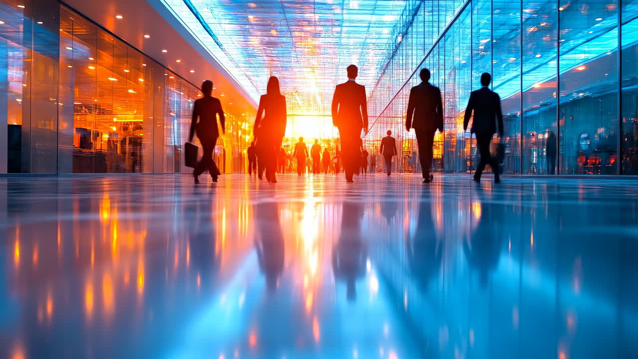 Professionals in modern office. Business professionals walk through a vibrant office space during evening hours, reflecting colorful lights from glass