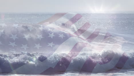 digital composition of waving us flag against waves in the sea