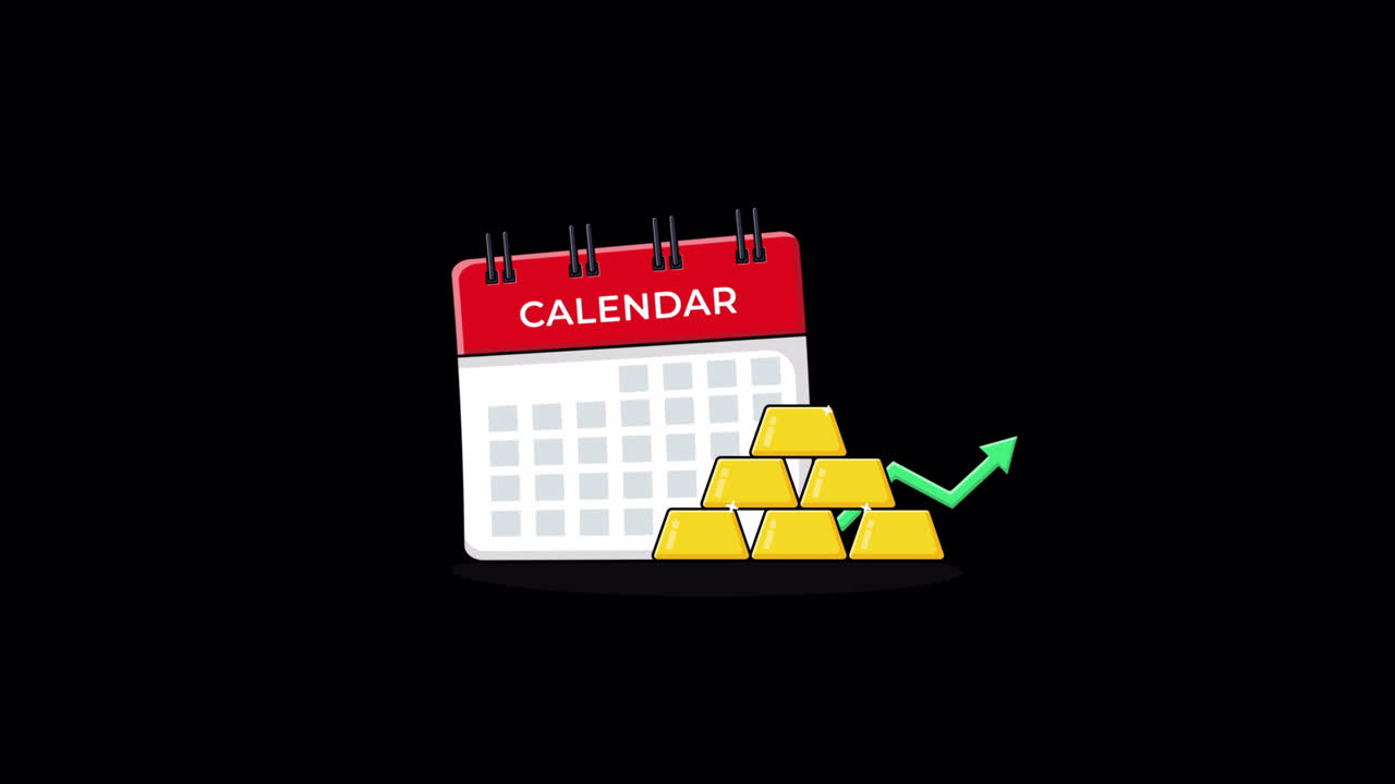 Calendario animato che mostra lingotti d'oro che si accumulano con freccia di crescita.